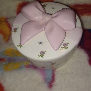 Pink Bow Floral Ceramic Trinket Box